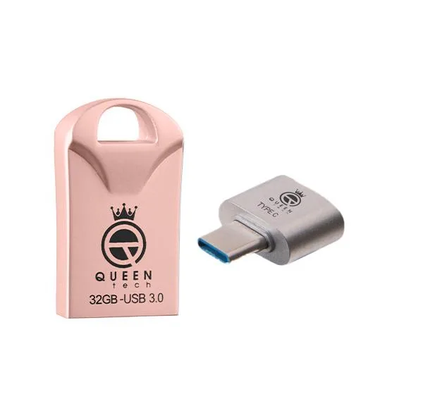 فلش مموری 32 گیگابایت کوئین تک مدل RACE USB3 C-PLUS با رابط USB 3.0، بدنه فلزی مقاوم در برابر آب، ضربه، شوک، لرزش و گرد و غبار به همراه مبدل OTG USB Type-C