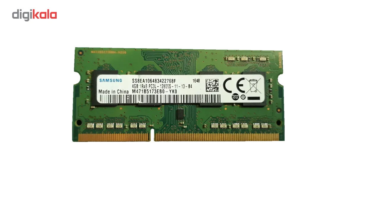 رم لپ‌تاپ سامسونگ DDR3L SO-DIMM مدل M471B5173EB0-YKO ظرفیت 4 گیگابایت فرکانس 1600 مگاهرتز تایمینگ CL11 و 204 پین