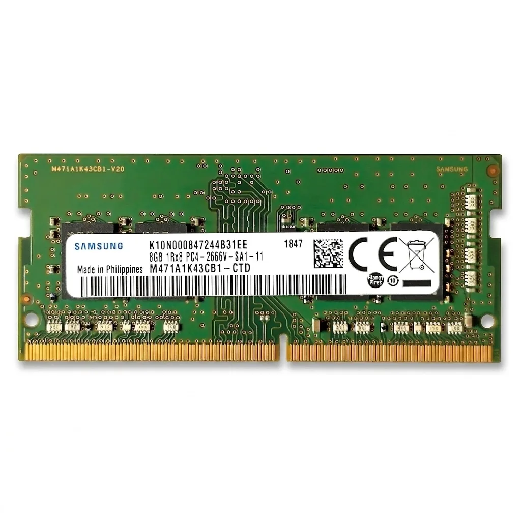 رم لپ‌تاپ 8 گیگابایت سامسونگ مدل PC4-2666 از نوع DDR4، تک‌کاناله با فرکانس 2666 مگاهرتز، تایمینگ CL19 و فرم‌فکتور SO-DIMM 260 پین