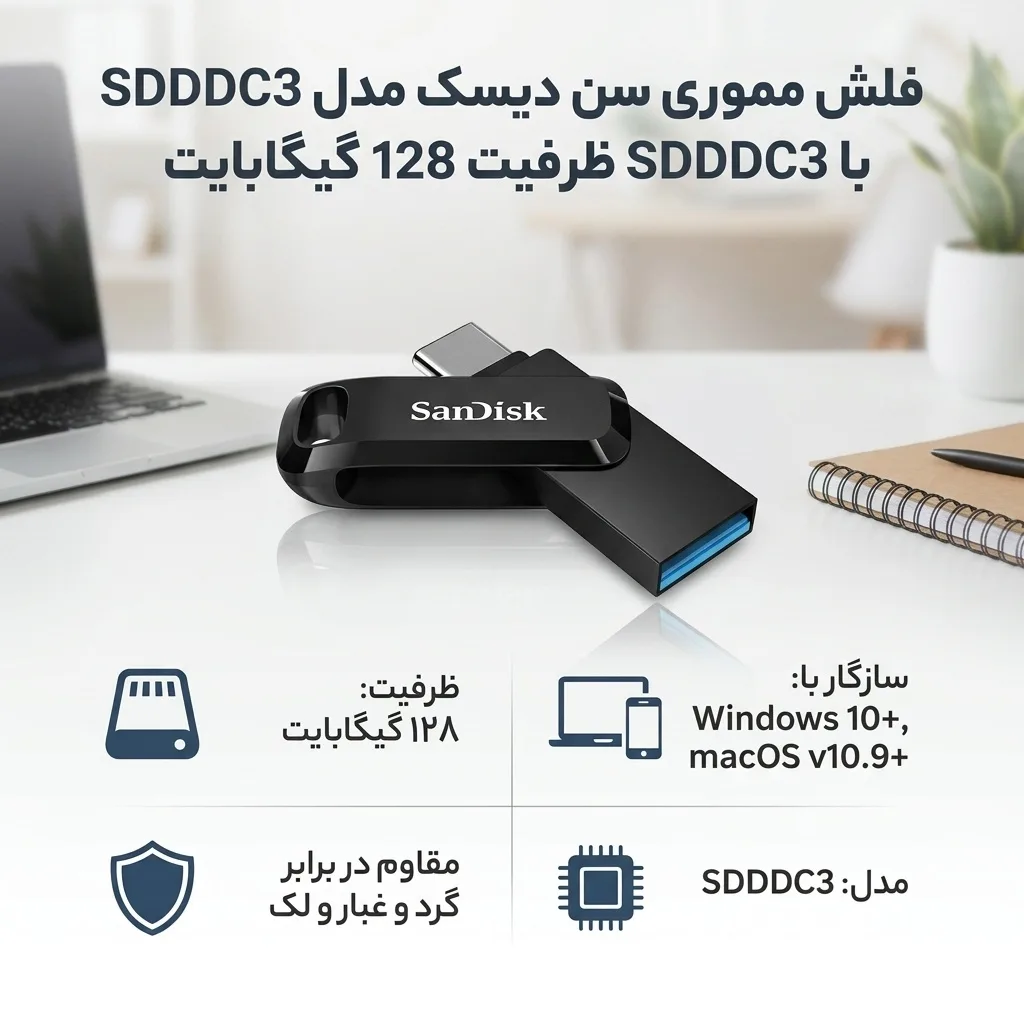 فلش مموری 128 گیگابایت سن دیسک مدل SDDDC3، مقاوم در برابر گرد و غبار و ضد اثر انگشت و لک