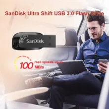 فلش مموری سن دیسک مدل ULTRA SHIFT CZ410 ظرفیت 32 گیگابایت، رابط USB 3.1 با سرعت خواندن 100 مگابایت بر ثانیه، مناسب ضبط خودرو و تلویزیون، دارای نرم‌افزار امنیتی SanDisk SecureAccess و بازیابی فایل RESCUEPRO DELUXE
