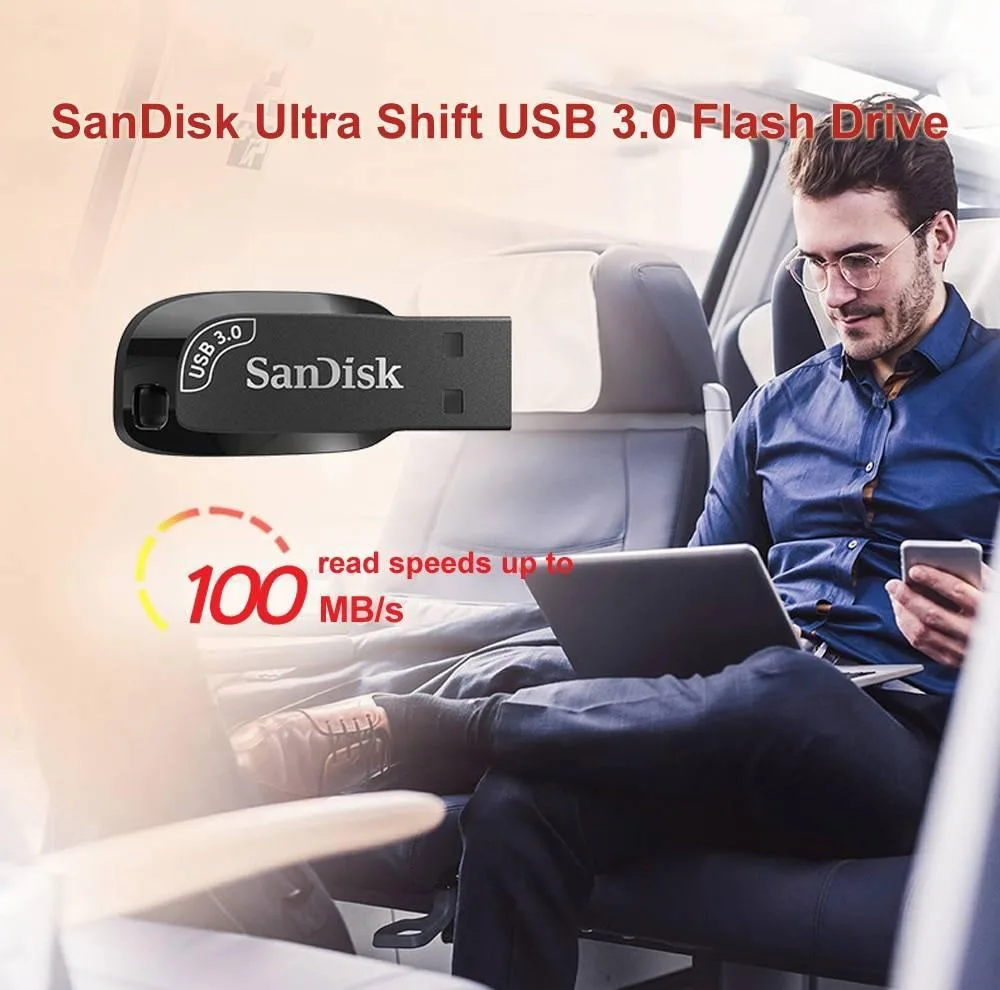 فلش مموری سن دیسک مدل ULTRA SHIFT CZ410 ظرفیت 32 گیگابایت، رابط USB 3.1 با سرعت خواندن 100 مگابایت بر ثانیه، مناسب ضبط خودرو و تلویزیون، دارای نرم‌افزار امنیتی SanDisk SecureAccess و بازیابی فایل RESCUEPRO DELUXE