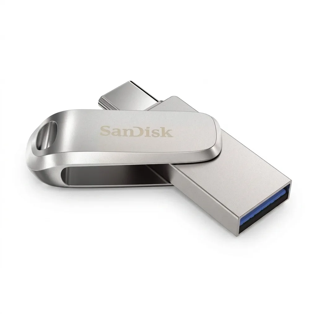 فلش مموری 64 گیگابایت سن دیسک مدل Ultra Dual Drive Luxe با 2 رابط USB Type-A و USB Type-C، استاندارد USB سه‌نقطه‌دو نسل 1، طراحی چرخشی و بدنه فلزی