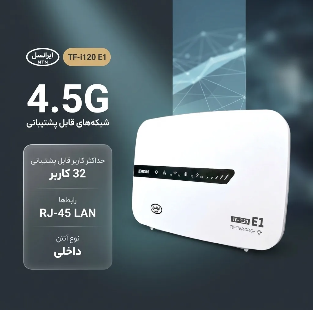 مودم روتر 4.5G ایرانسل مدل TF-i120 E1 با اتصال وای‌فای و کابل LAN، پشتیبانی از 32 کاربر، سیم‌کارت و 300 گیگابایت اینترنت 3 ماهه