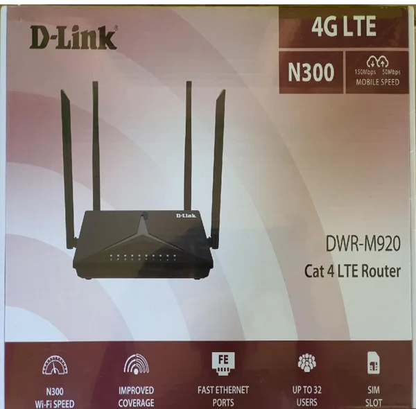 مودم روتر بیسیم خانگی 4G دی-لینک مدل DWR-M920 با شیار سیمکارت، پشتیبانی از 32 کاربر، سرعت انتقال 150 مگابیت، چهار آنتن داخلی و خارجی و رابط RJ-45 WAN/LAN