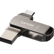 فلش مموری لکسار مدل JumpDrive Dual Drive D400 ظرفیت 32 گیگابایت، دو درگاه USB Type-C و Type-A، سرعت انتقال 130 مگابایت بر ثانیه، مقاوم در برابر آب، ضربه، شوک و گرد و غبار، بدنه فلزی چرخشی و رمزگذاری خودکار اطلاعات