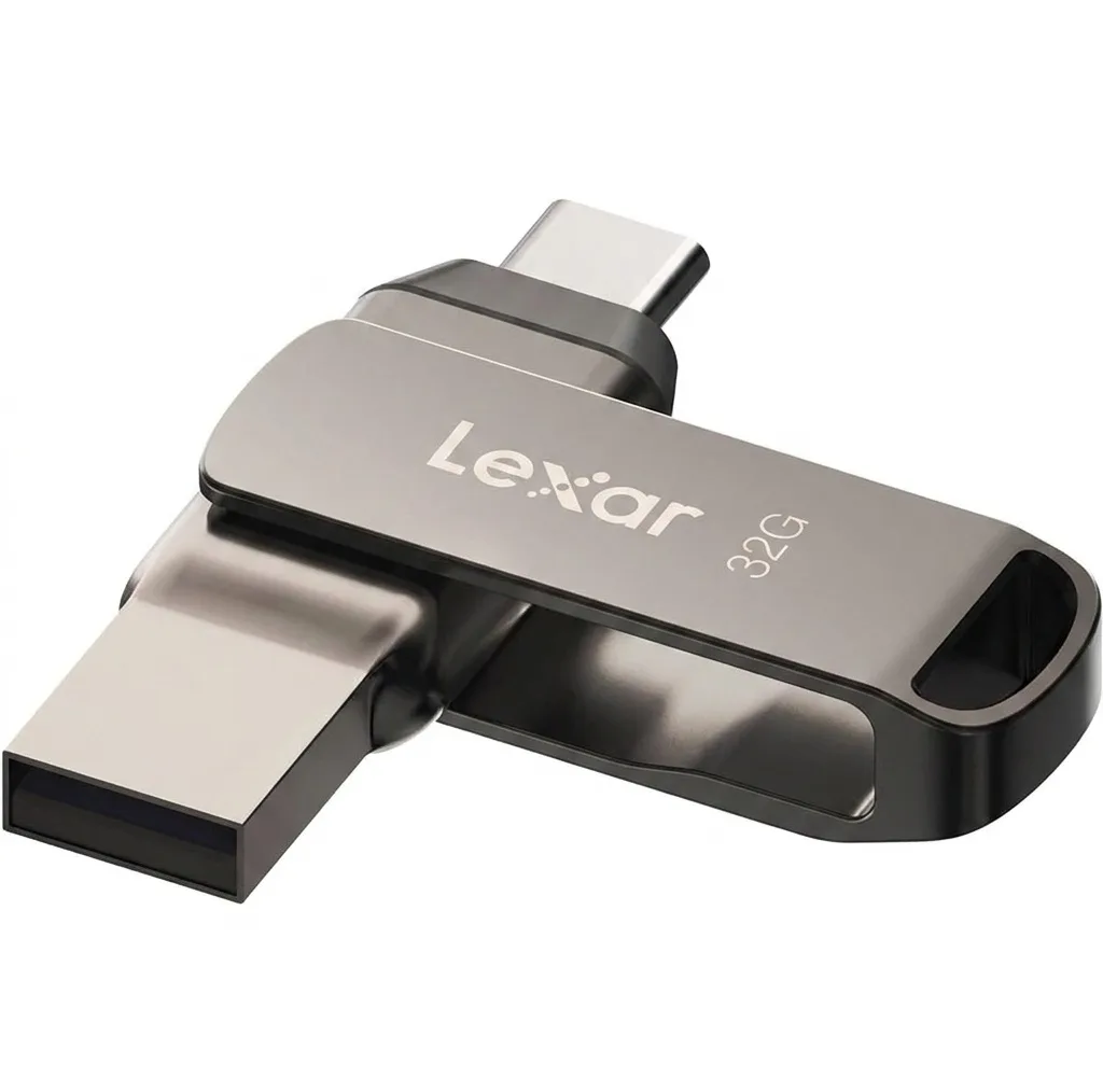فلش مموری لکسار مدل JumpDrive Dual Drive D400 ظرفیت 32 گیگابایت، دو درگاه USB Type-C و Type-A، سرعت انتقال 130 مگابایت بر ثانیه، مقاوم در برابر آب، ضربه، شوک و گرد و غبار، بدنه فلزی چرخشی و رمزگذاری خودکار اطلاعات
