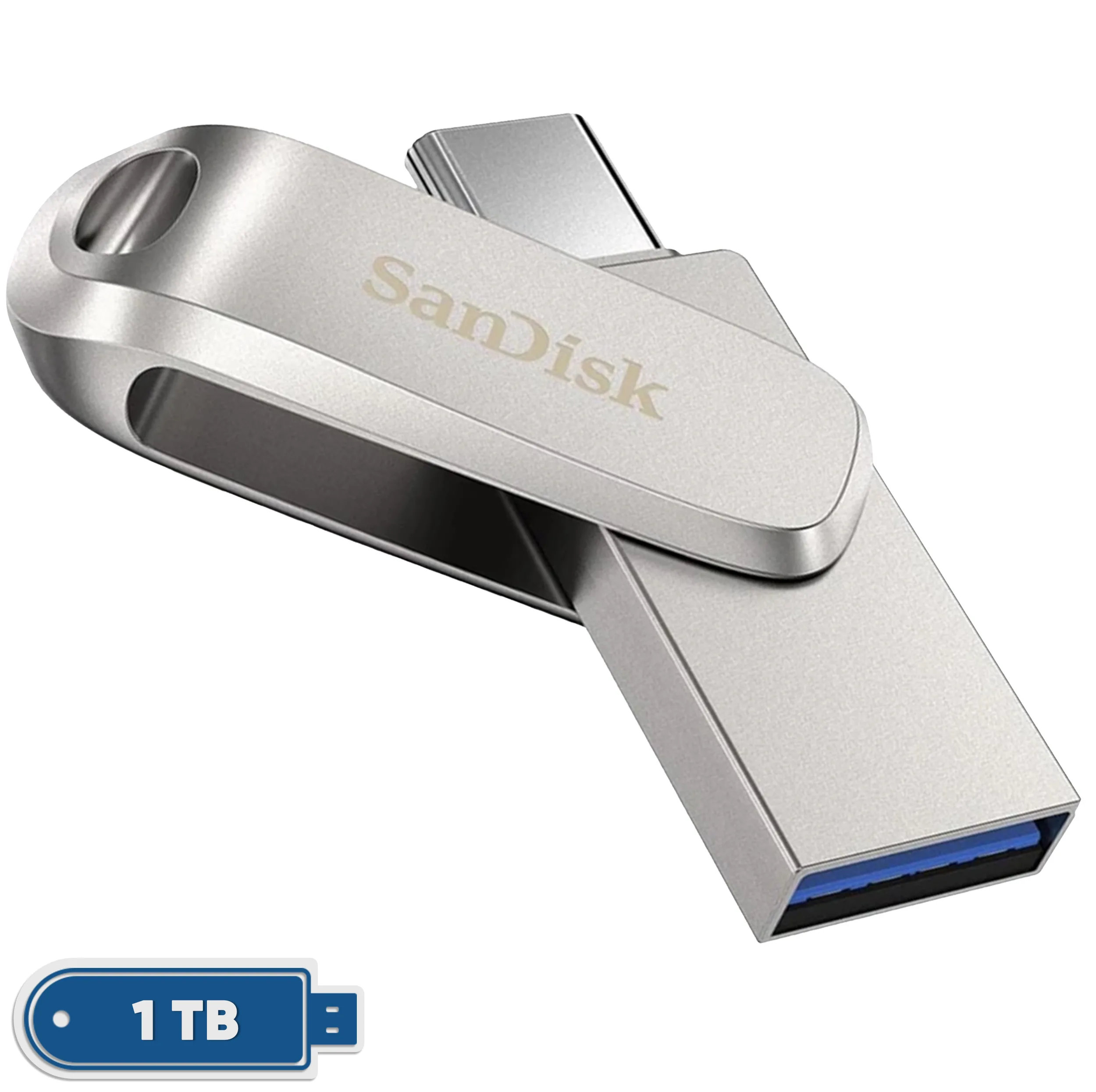 فلش مموری سن دیسک Ultra Dual Drive Luxe ظرفیت 1 ترابایت با دو رابط USB Type-C و USB Type-A، طراحی تاشو، فلزی، سازگار با ویندوز، مک، اندروید و iOS، استاندارد USB 3.2 Gen2