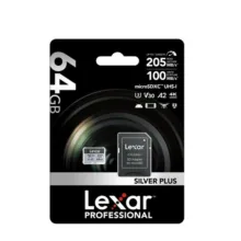 کارت حافظه microSDXC لکسار مدل SILVER PLUS کلاس A2 استاندارد UHS-U3 سرعت 205MBps ظرفیت 64 گیگابایت به همراه آداپتور SD