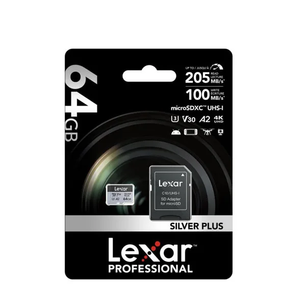 کارت حافظه microSDXC لکسار مدل SILVER PLUS کلاس A2 استاندارد UHS-U3 سرعت 205MBps ظرفیت 64 گیگابایت به همراه آداپتور SD