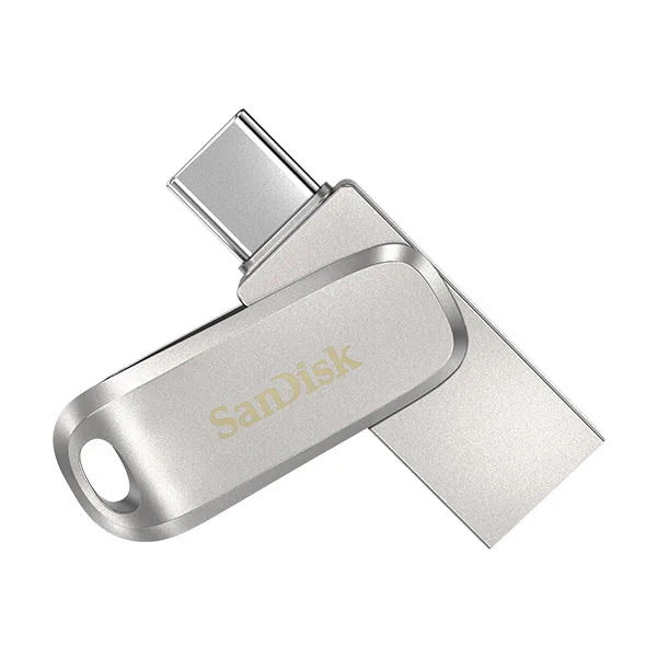 فلش مموری سن دیسک مدل Ultra Dual Drive Luxe ظرفیت 64 گیگابایت با دو رابط USB تایپ سی و USB 3.2 Gen1، بدنه فلزی چرخشی، سرعت انتقال 150 مگابایت بر ثانیه و سازگار با گوشی، تبلت، کامپیوتر و تلویزیون