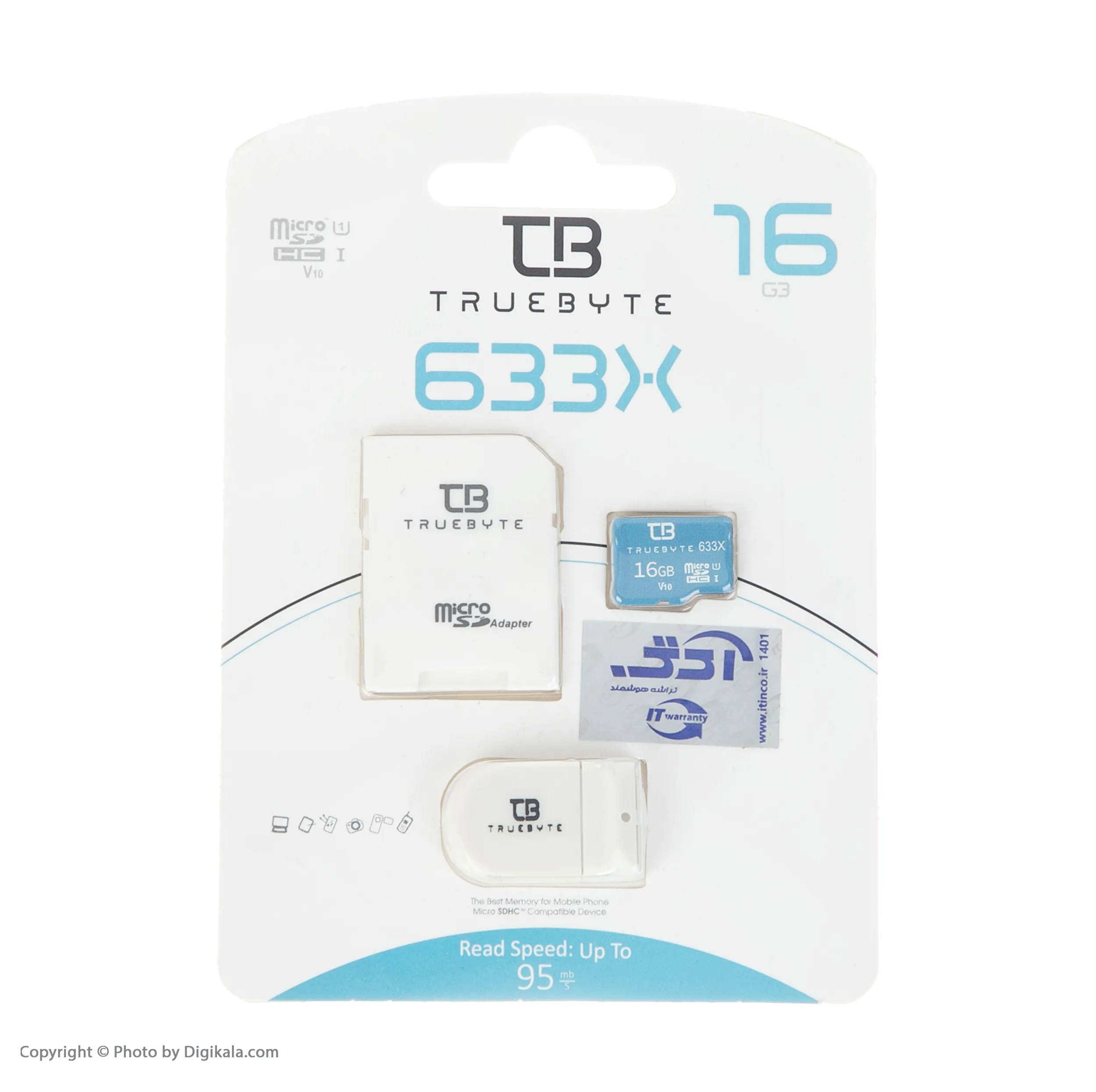 کارت حافظه MicroSDHC تروبایت مدل 633X-V10 کلاس 10 استاندارد UHS-I U1 سرعت 95MBPS ظرفیت 16 گیگابایت به همراه آداپتور SD و کارت‌خوان