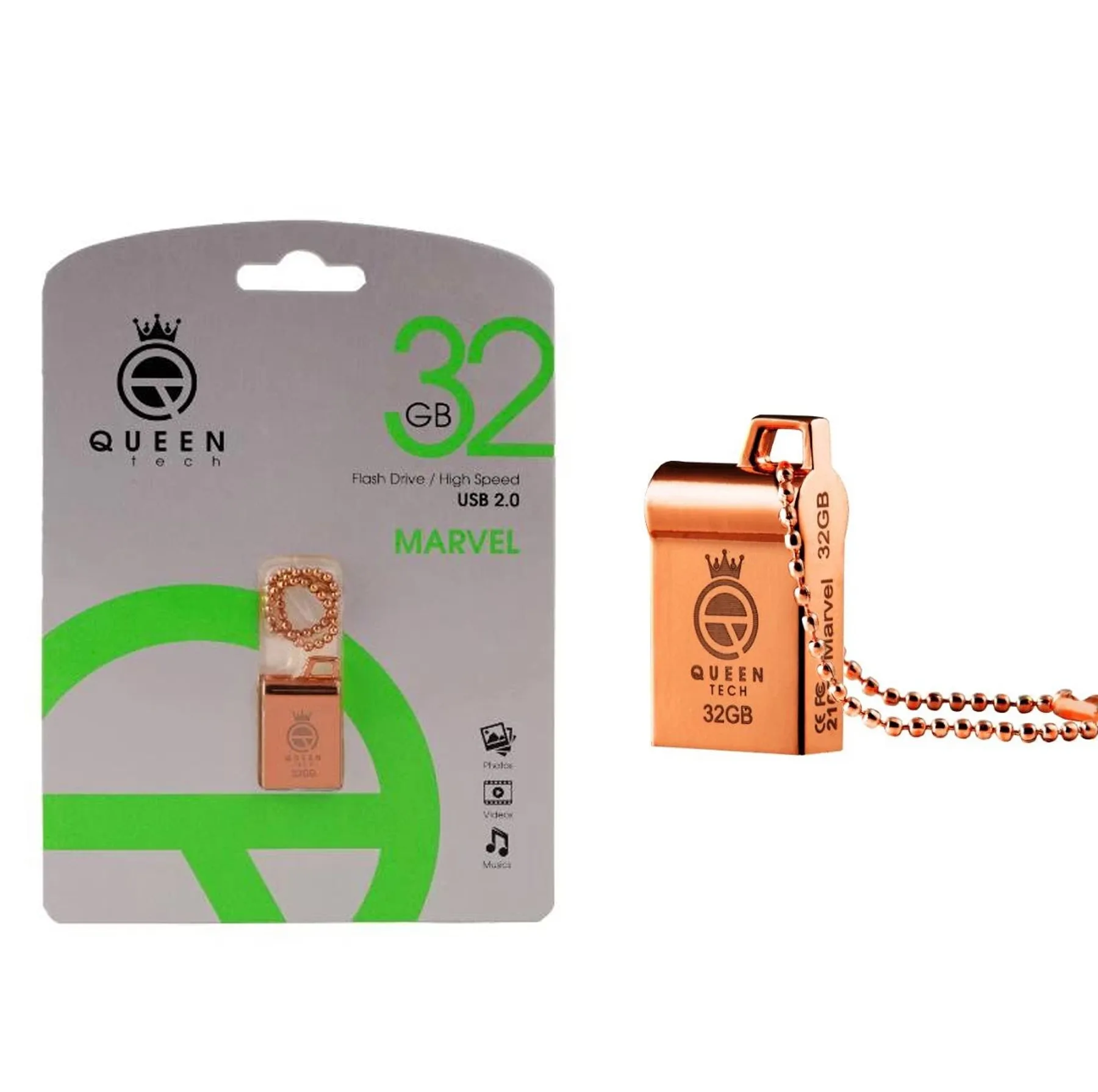 فلش مموری کوئین تک مدل MARVEL ظرفیت 32 گیگابایت رابط USB 2.0، بدنه فلزی مقاوم، طراحی فشرده با بند آویز، ضد آب و ضد شوک، سرعت انتقال 30 مگابایت بر ثانیه، سازگار با کامپیوتر، لپ‌تاپ، موبایل و تبلت