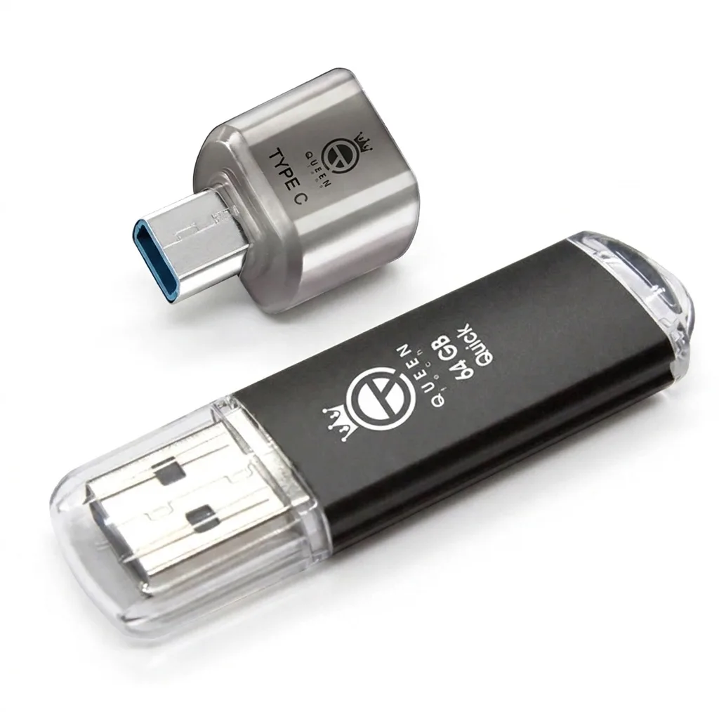 فلش مموری کوئین تک مدل QUICK C-PLUS ظرفیت 64 گیگابایت با رابط USB 2.0 و مبدل USB-C، سرعت انتقال 30 مگابایت بر ثانیه، طراحی درپوش‌دار، مناسب گوشی، تبلت، کامپیوتر و تلویزیون