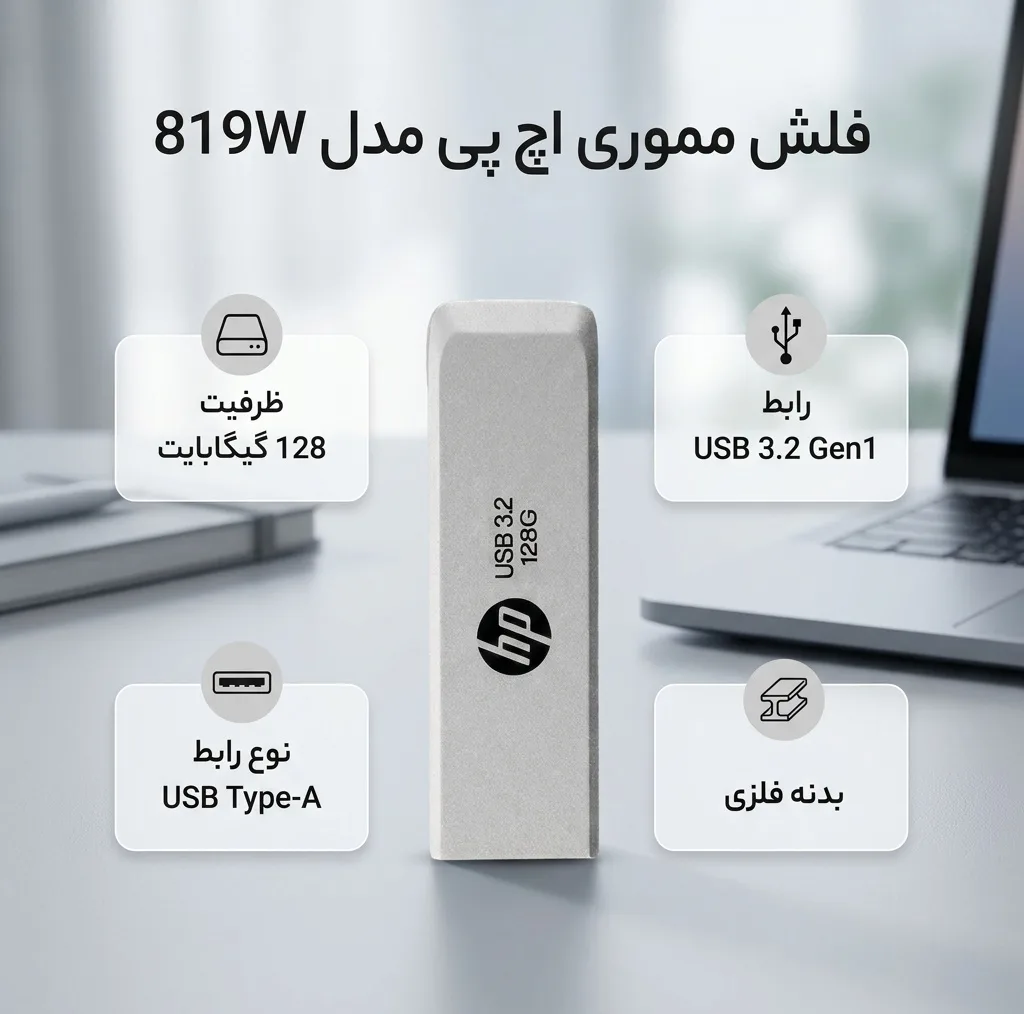 فلش مموری اچ پی مدل 819W ظرفیت 128 گیگابایت با رابط USB سهنقطهدو Gen1 Type-A و بدنه فلزی