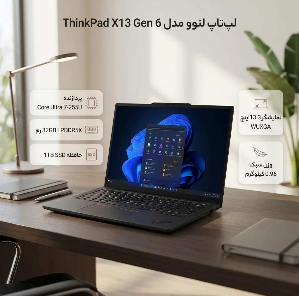 لپ تاپ 14 اینچی لنوو مدل ThinkPad X13 Gen 6-Core Ultra 7 255U-32GB LPDDR5X 8400MHz-1TB SSD-IPS-Backlit-Fingerprint-W Pro - کاستوم شده