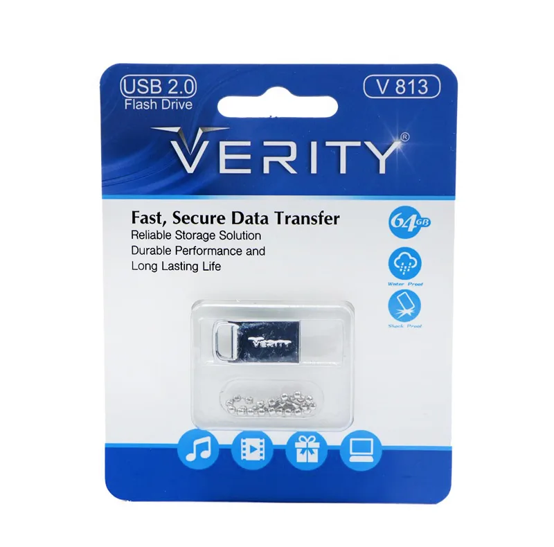 فلش مموری وریتی مدل V813 ظرفیت 64 گیگابایت، بدنه فلزی مقاوم در برابر گردوغبار و رطوبت، رابط USB 2، قابلیت اتصال به جاکلیدی و مقاوم در برابر شوک و لرزش