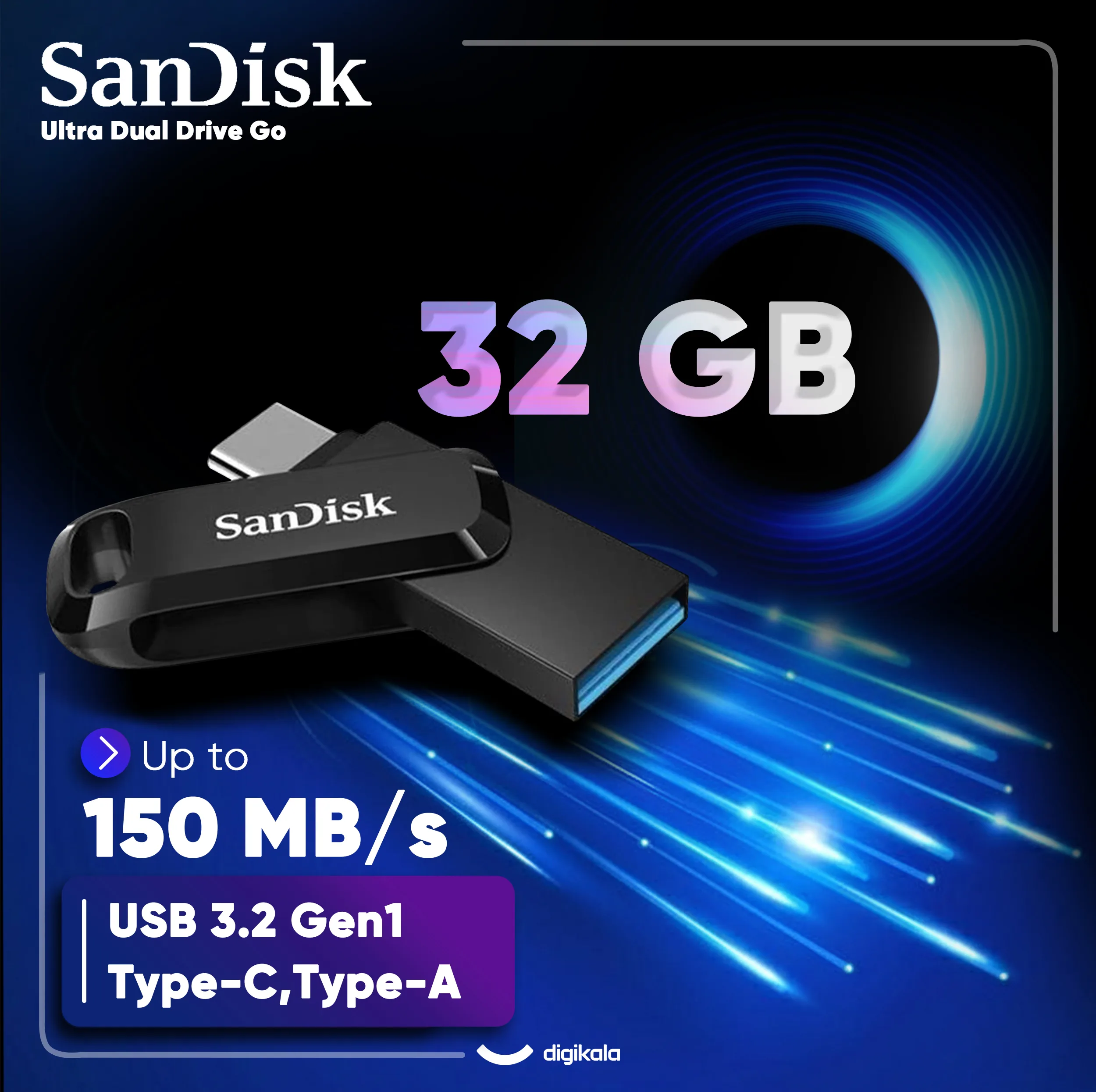 فلش مموری سن دیسک مدل Ultra Dual Drive Go ظرفیت 32 گیگابایت با دو رابط USB 3.2 و USB-C، سرعت خواندن 150 مگابایت بر ثانیه، بدنه فلزی، سازگار با گوشی، تبلت، کامپیوتر و مک