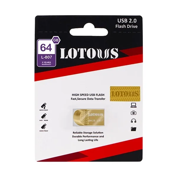 فلش مموری لوتوس مدل L807 ظرفیت 64 گیگابایت با رابط USB 2.0 Type-A، طراحی بندانگشتی و بدنه فلزی