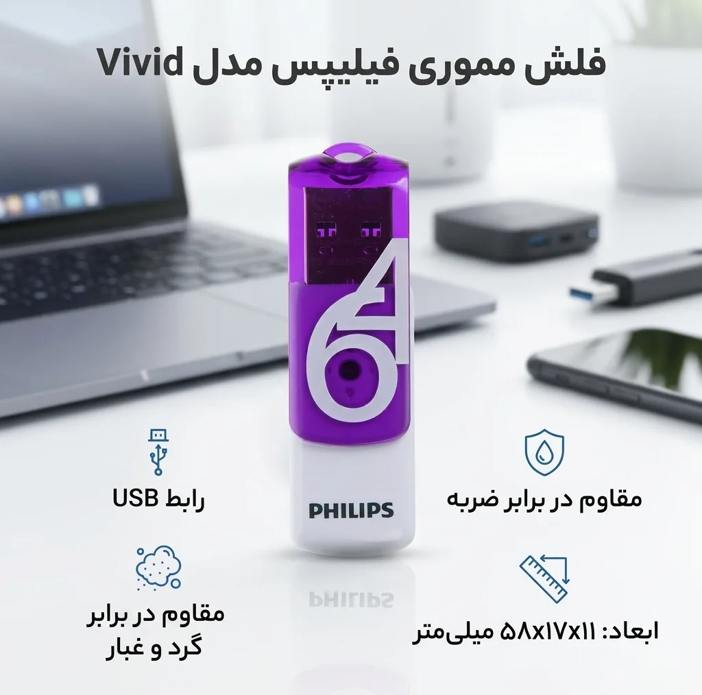 فلش مموری 64 گیگابایت فیلیپس مدل Vivid با رابط USB دو، مقاوم در برابر ضربه و گردوغبار، دارای درپوش چرخشی و شیار اتصال بند