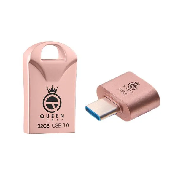 فلش مموری 32 گیگابایت کوئین تک مدل RACE USB3 C-PLUS با رابط USB 3.0، بدنه فلزی مقاوم در برابر آب، ضربه، شوک، لرزش و گرد و غبار به همراه مبدل OTG USB Type-C