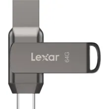 فلش مموری لکسار مدل JumpDrive Dual Drive D400 ظرفیت 64 گیگابایت با رابط USB 3.1 Type-C و Type-A، بدنه فلزی مقاوم در برابر آب، ضربه، شوک و گرد و غبار، سرعت انتقال تا 130 مگابایت بر ثانیه و قابلیت رمزگذاری خودکار داده‌ها