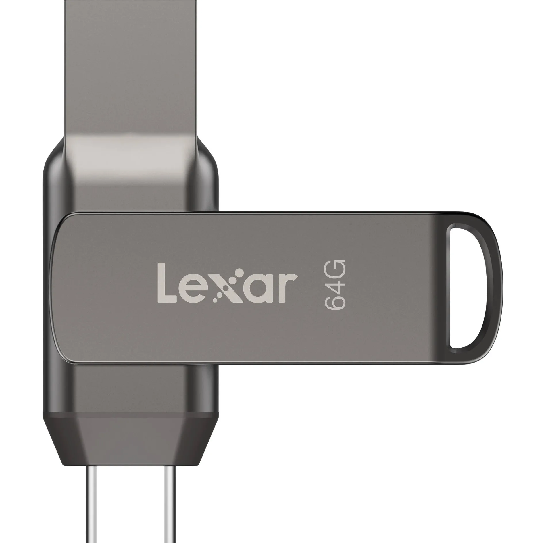 فلش مموری لکسار مدل JumpDrive Dual Drive D400 ظرفیت 64 گیگابایت با رابط USB 3.1 Type-C و Type-A، بدنه فلزی مقاوم در برابر آب، ضربه، شوک و گرد و غبار، سرعت انتقال تا 130 مگابایت بر ثانیه و قابلیت رمزگذاری خودکار دادهها