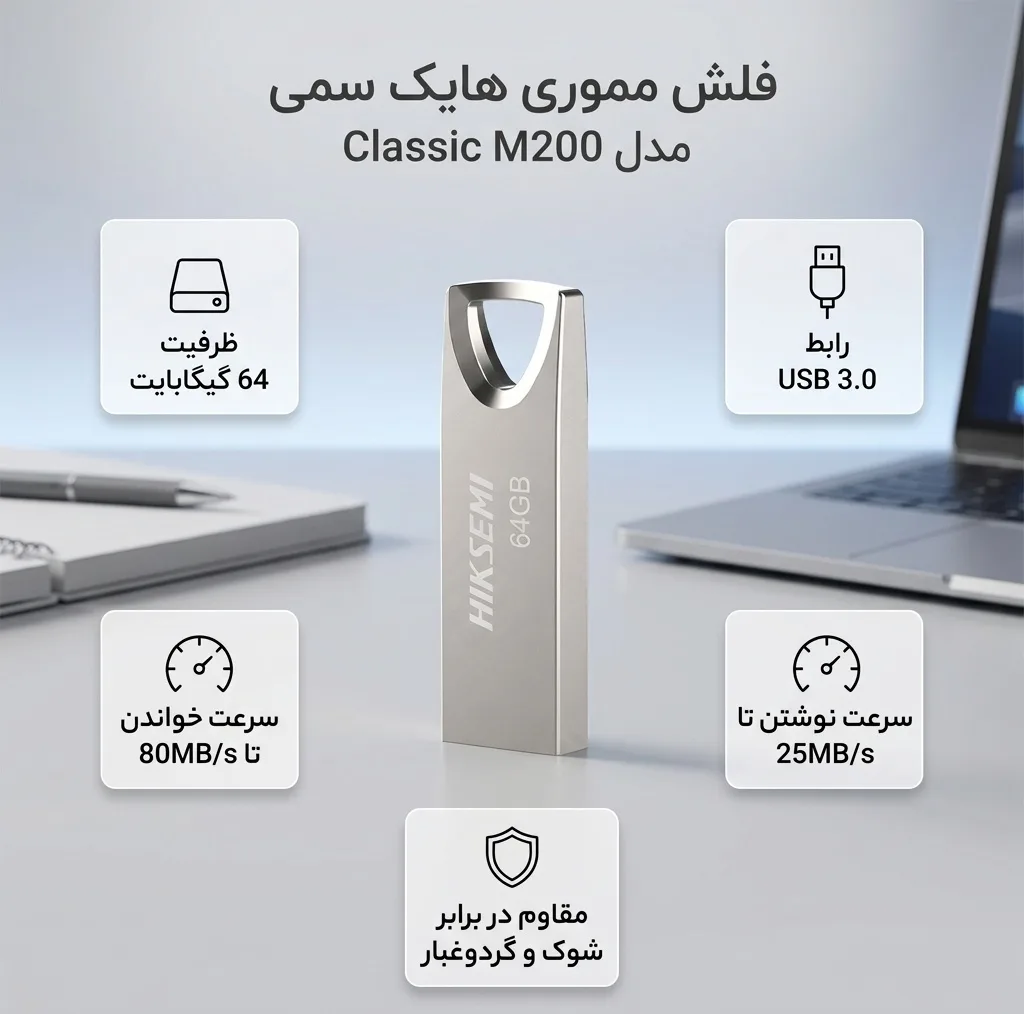 فلش مموری 64 گیگابایت هایک سمی مدل Classic M200 USB3 سرعت خواندن تا 80 و نوشتن تا 25 مگابایت بر ثانیه، مقاوم در برابر شوک، لرزش و گردوغبار
