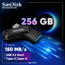 فلش مموری سن دیسک Ultra Dual Drive Go ظرفیت 256 گیگابایت با دو رابط USB Type-C و USB Type-A، طراحی چرخشی، سرعت خواندن 150 مگابایت بر ثانیه، سازگار با کامپیوتر، لپ‌تاپ، تبلت و گوشی موبایل