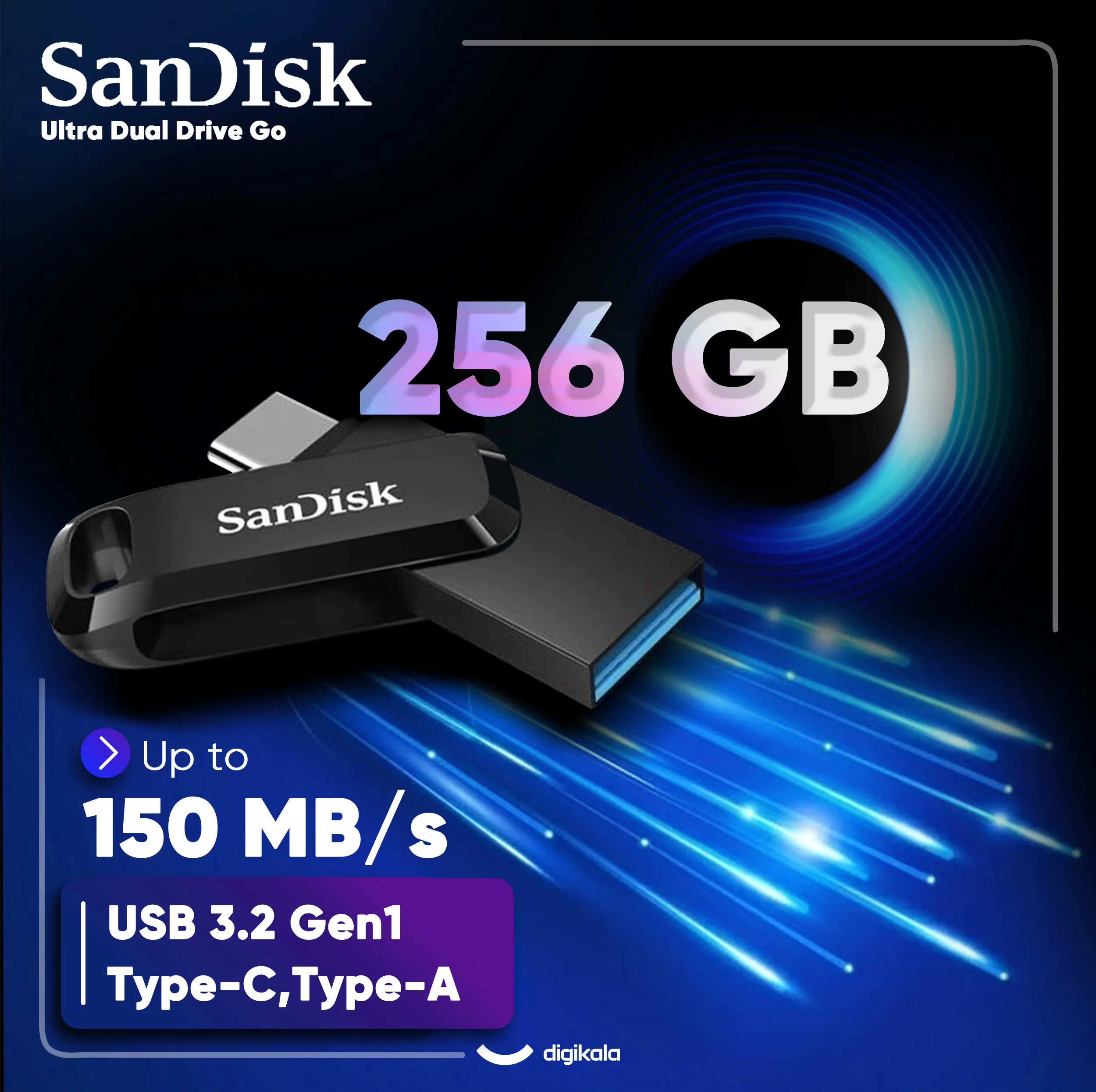 فلش مموری سن دیسک Ultra Dual Drive Go ظرفیت 256 گیگابایت با دو رابط USB Type-C و USB Type-A، طراحی چرخشی، سرعت خواندن 150 مگابایت بر ثانیه، سازگار با کامپیوتر، لپ‌تاپ، تبلت و گوشی موبایل