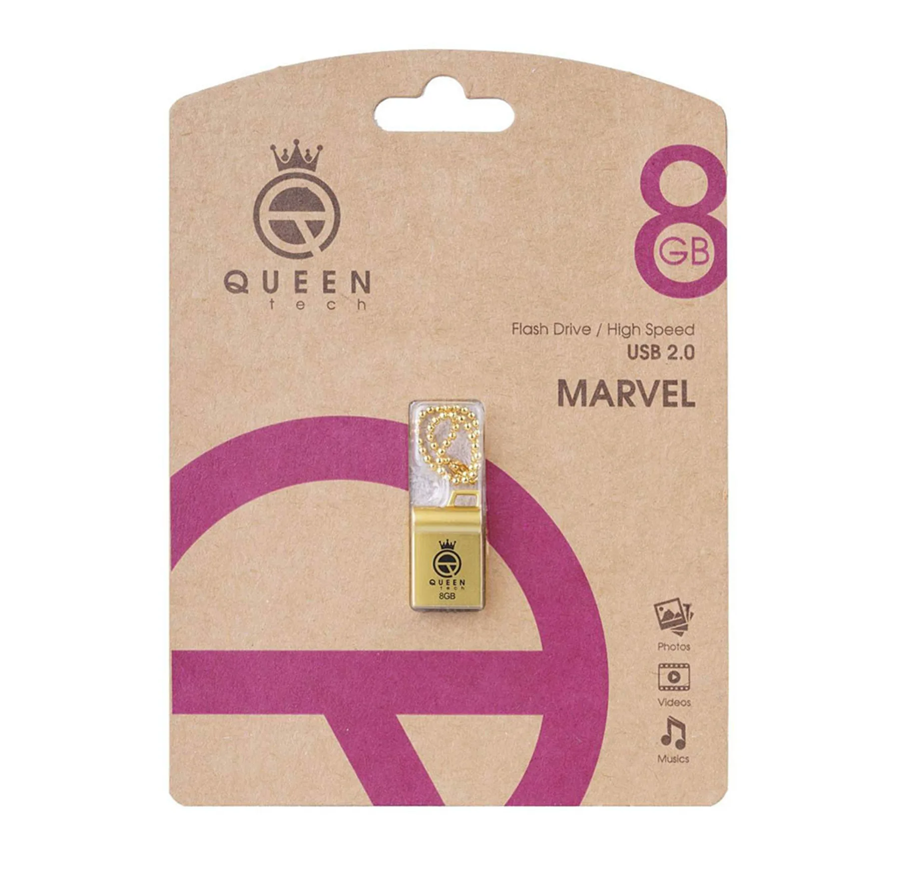 فلش مموری کوئین تک مدل MARVEL ظرفیت 8 گیگابایت مقاوم در برابر ضربه با طراحی ساده و بند انگشتی و زنجیر محافظ