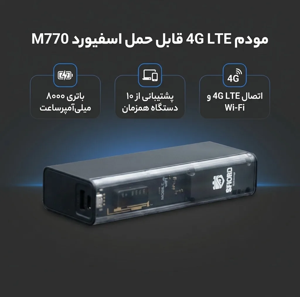 مودم 4G LTE قابل حمل اسفیورد مدل M770 با باتری 8000mAh، پشتیبانی از 10 دستگاه همزمان، سرعت دانلود تا 50Mbps، فایروال داخلی و اتصال وایفای 802.11b/g/n