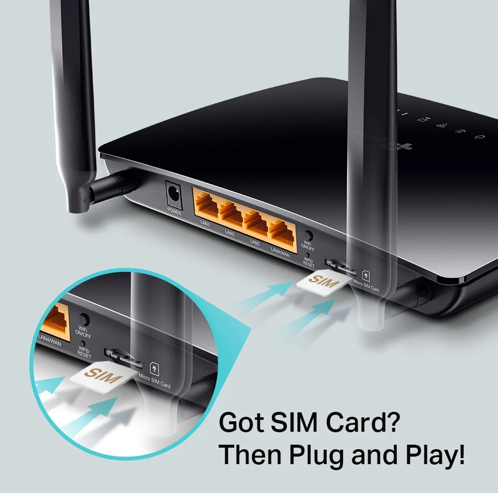 روتر 4G LTE خانگی و اداری تی پیلینک مدل TL-MR6400 V5 با دو آنتن خارجی، فرکانس 2.4 گیگاهرتز، سرعت 300 مگابیت بر ثانیه، پورت LAN/WAN 10/100 مگابیتی، پشتیبانی از 64 کاربر و فایروال پیشرفته