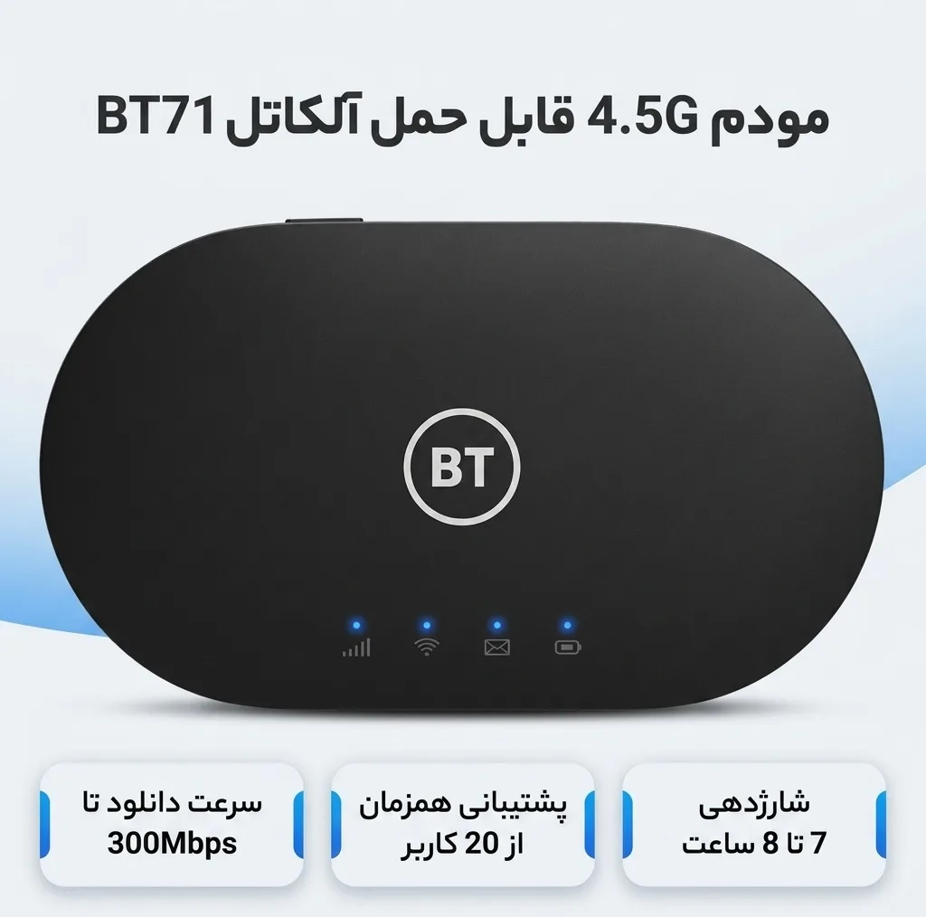 مودم 4.5G قابل حمل آلکاتل مدل BT71 با تکنولوژی Cat6 و Cat7، سرعت دانلود تا 300Mbps، پشتیبانی همزمان از 20 کاربر، وای‌فای دو بانده 2.4GHz و 5GHz، استاندارد IEEE 802.11b/g/n/ac، باتری با شارژدهی 7 تا 8 ساعت و قابلیت ارسال SMS