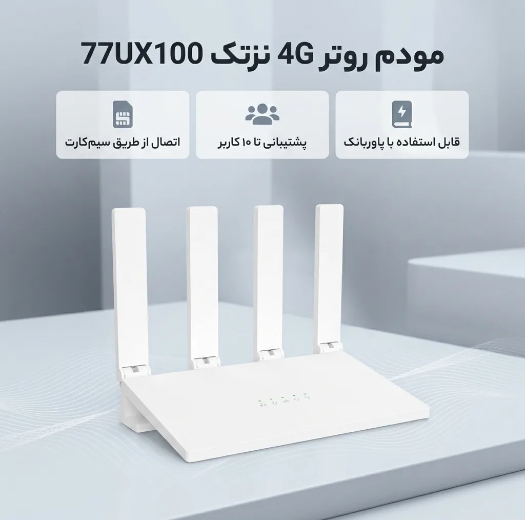 مودم روتر 4G خانگی و اداری نزتک مدل 77UX100 با اتصال سیم کارت، پشتیبانی تا 10 کاربر، آنتن خارجی، رابط RJ-45 LAN و USB Type-C، قابل استفاده با پاوربانک و آداپتور برق