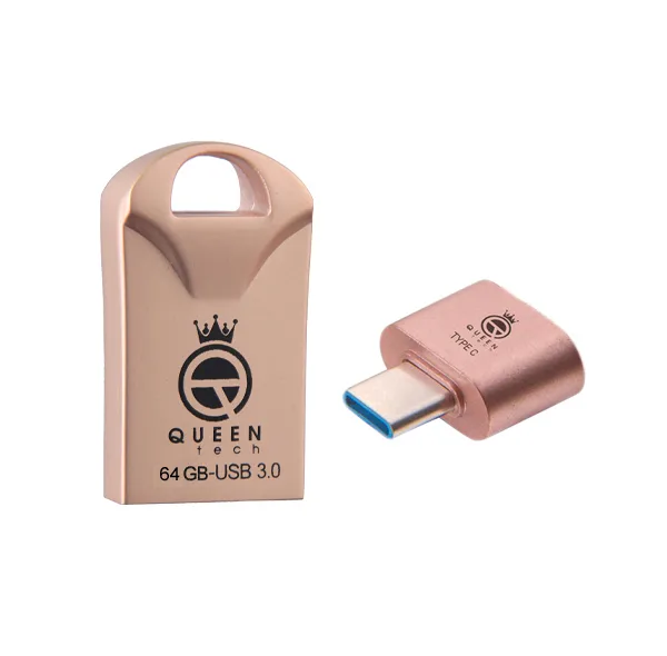 فلش مموری 64 گیگابایتی کوئین تک مدل RACE USB3 C-PLUS با رابط USB 3.0، مبدل USB-C OTG و مقاومت در برابر آب