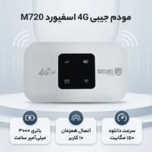 مودم جیبی 4G LTE اسفیورد مدل M720 با باتری 3000 میلی‌آمپر ساعت، پشتیبانی از 4.5G، اتصال همزمان تا 10 کاربر، سرعت دانلود 150 مگابیت بر ثانیه، وای‌فای 802.11b/g/n و قابلیت اتصال USB