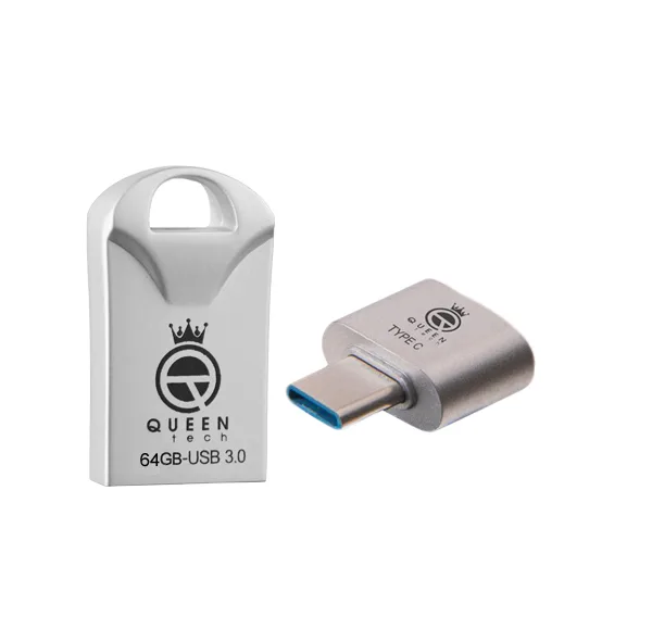 فلش مموری 64 گیگابایتی کوئین تک مدل RACE USB3 C-PLUS با رابط USB 3.0، مبدل USB-C OTG و مقاومت در برابر آب