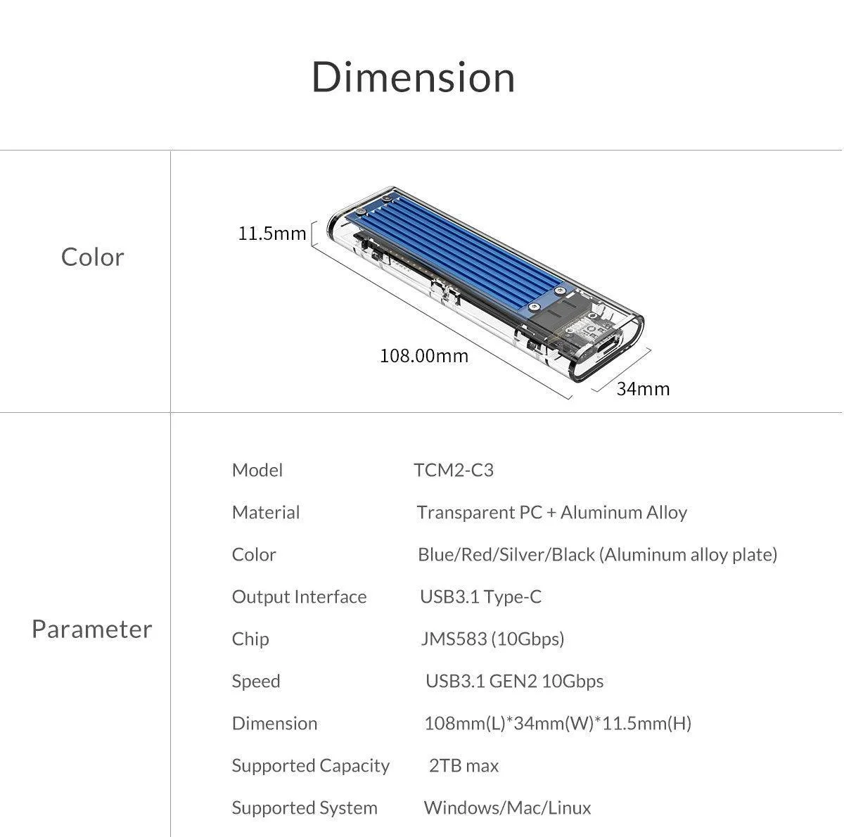 قاب NVMe M.2 SSD اوریکو مدل TCM2-C3