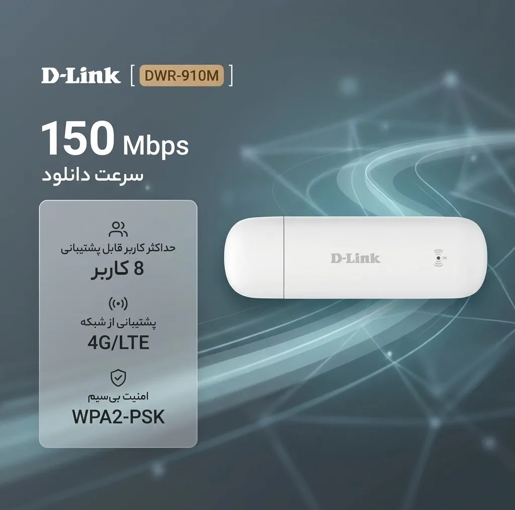 مودم 4G/LTE قابل حمل دی-لینک مدل DWR-910M با سرعت دانلود 150Mbps، پشتیبانی همزمان از 8 کاربر، استاندارد وایرلس 802.11n/g/b، اتصال با کابل USB و امنیت WPA2-PSK