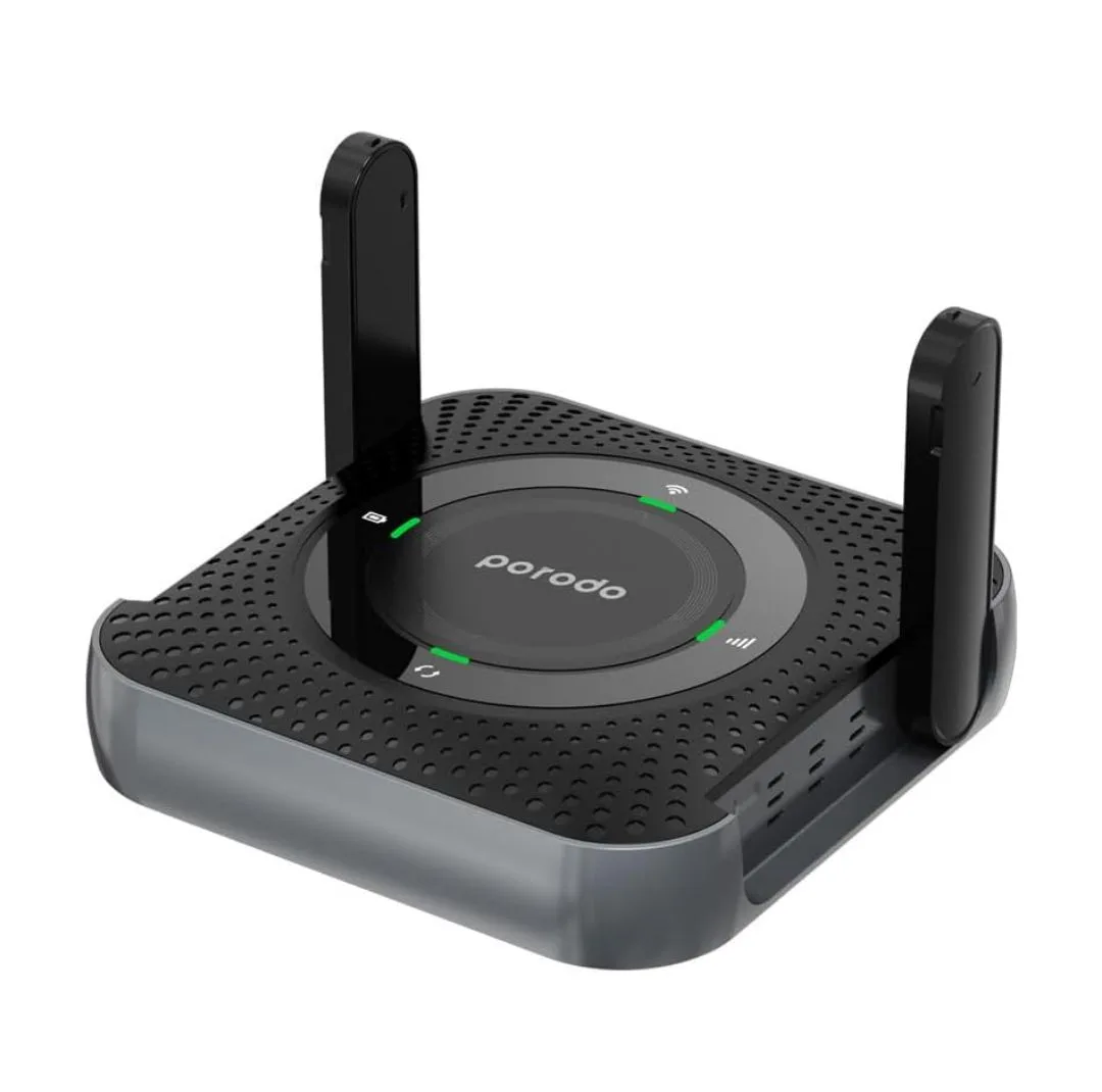 مودم روتر قابل حمل پرودو مدل PD-4GCPME-BKGY با پشتیبانی 4G LTE، باتری 4000 میلی‌آمپرساعتی با شارژدهی 12 ساعت، اتصال همزمان تا 10 دستگاه، پورت LAN و فرکانس 2.4 گیگاهرتز