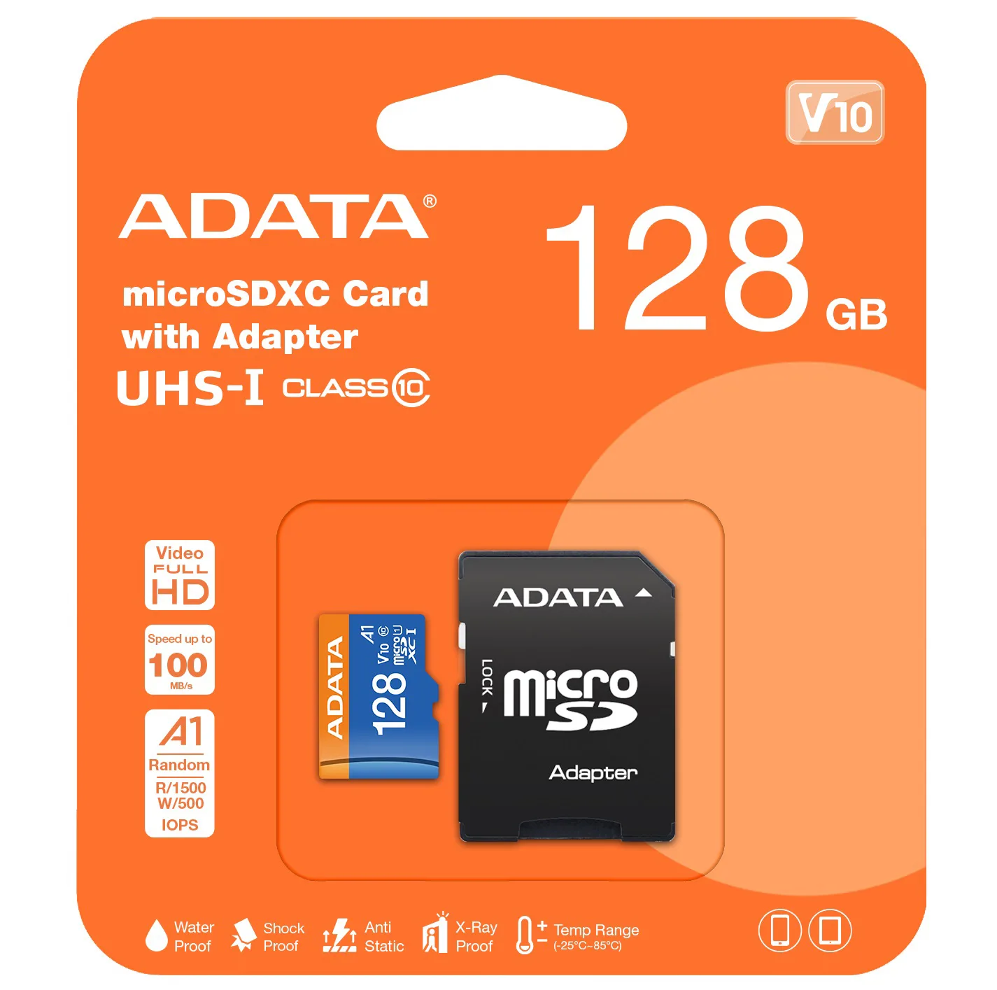 کارت حافظه microSDXC ای دیتا مدل Premier V10 A1 کلاس 10 استاندارد UHS-I سرعت 100MBps ظرفیت 128 گیگابایت