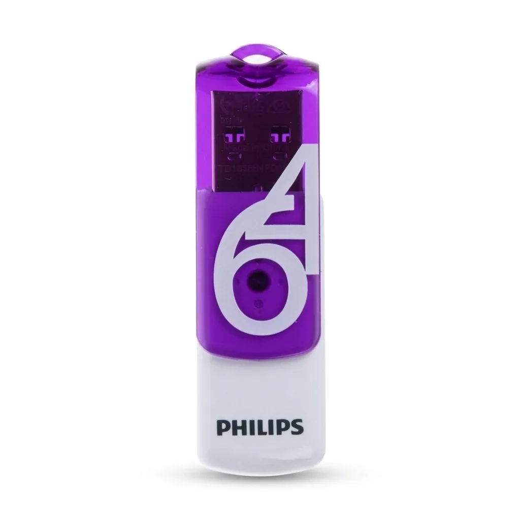 فلش مموری 64 گیگابایت فیلیپس مدل Vivid با رابط USB دو، مقاوم در برابر ضربه و گردوغبار، دارای درپوش چرخشی و شیار اتصال بند