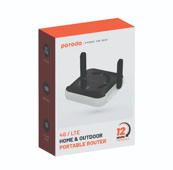مودم روتر قابل حمل 4G پرودو مدل PD-4GCPMF با باتری 4000 میلی‌آمپر، شارژدهی 12 ساعت، پشتیبانی تا 10 کاربر، پورت LAN، اتصال سیمی و بی‌سیم، فرکانس 2.4 گیگاهرتز و سرعت دانلود 150 مگابیت بر ثانیه