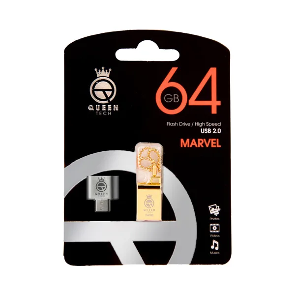 فلش مموری کوئین تک مدل MARVEL C-PLUS ظرفیت 64 گیگابایت با رابط USB 2.0 و USB Type-A، بدنه فلزی مقاوم، سرعت انتقال 30 مگابایت بر ثانیه، سازگار با موبایل، تبلت، کامپیوتر، لپ‌تاپ و تلویزیون