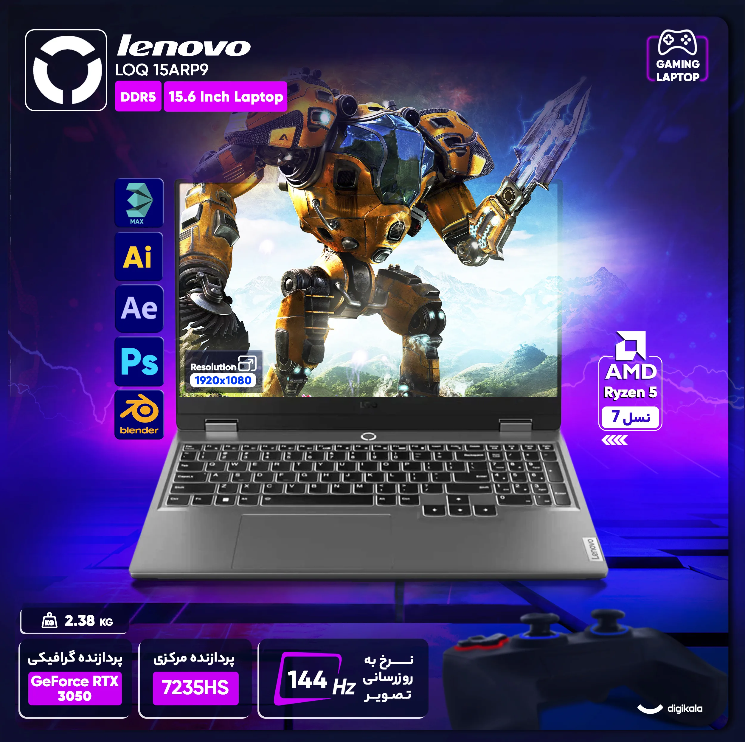 لپ تاپ 15.6 اینچی لنوو مدل LOQ 15ARP9-R5 7235HS-RTX3050 A 4GB-12GB DDR5 4800MHz-512GB SSD-FHD 144Hz-W