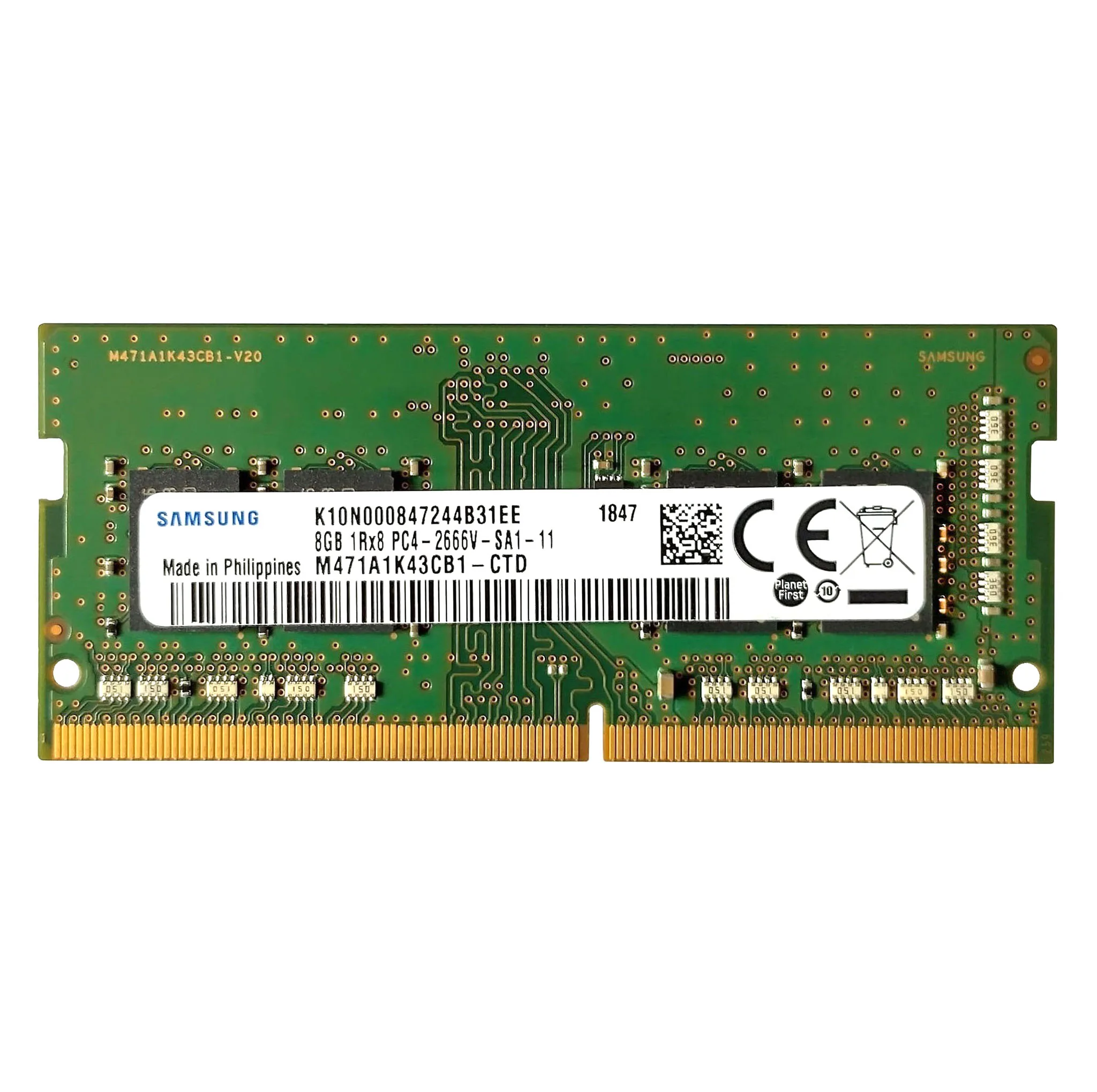 رم لپ‌تاپ 8 گیگابایت سامسونگ مدل PC4-2666 از نوع DDR4، تک‌کاناله با فرکانس 2666 مگاهرتز، تایمینگ CL19 و فرم‌فکتور SO-DIMM 260 پین