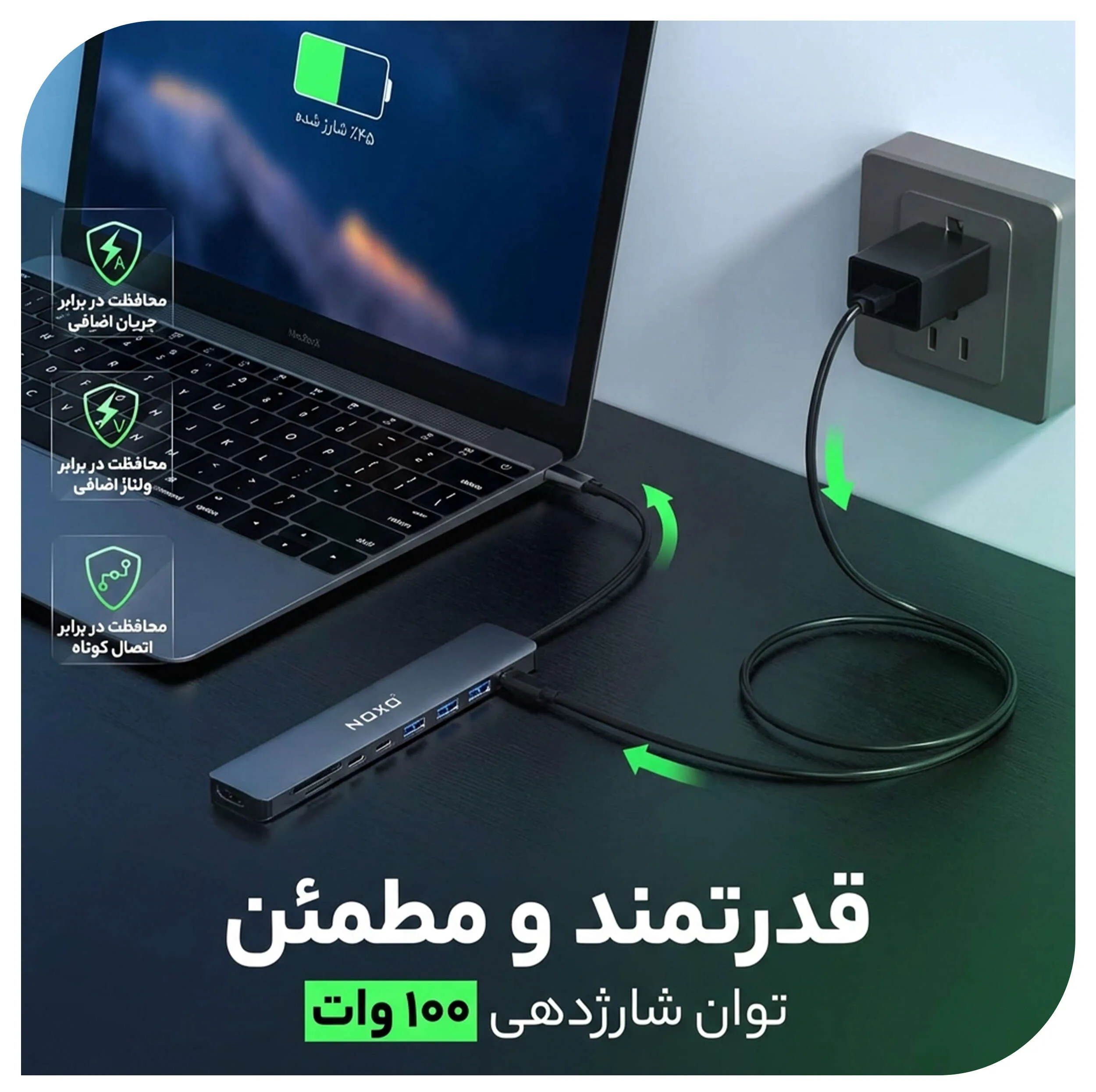 هاب 9 پورت USB-C نوکسو مدل HUB-N1 9in1 با پشتیبانی شارژ PD 100 وات، HDMI 4K، USB 3.0 و کارت‌خوان SD/TF