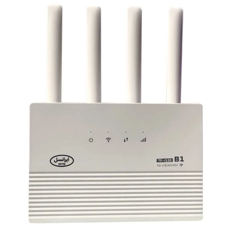 مودم روتر 4G ایرانسل مدل TF-i120 B1 با حمایت LTE Cat 12، سرعت دانلود 600 مگابیت، آپلود 100 مگابیت، وای‌فای دوبانده 2.4 و 5 گیگاهرتز، پشتیبانی همزمان 32 کاربر، چهار پورت اترنت و قابلیت اتصال بی‌سیم و باسیم