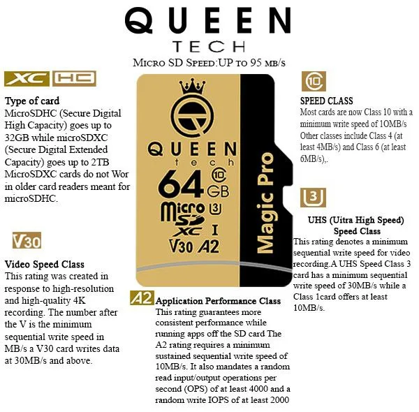 کارت حافظه Micro SD XC کوئین تک مدل A2-V30-633X کلاس 10 استاندارد UHS-l U3 سرعت 95MBps ظرفیت 64 گیگابایت به همراه آداپتور SD